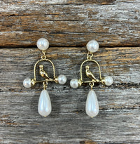 Earrings - Gold and Pearl Bird Swing