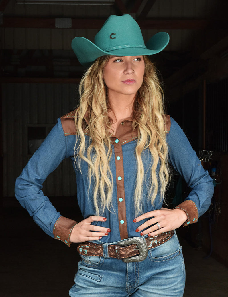 Cowgirl Tuff Pullover Arena Shirt - Brown Faux Leather & Denim