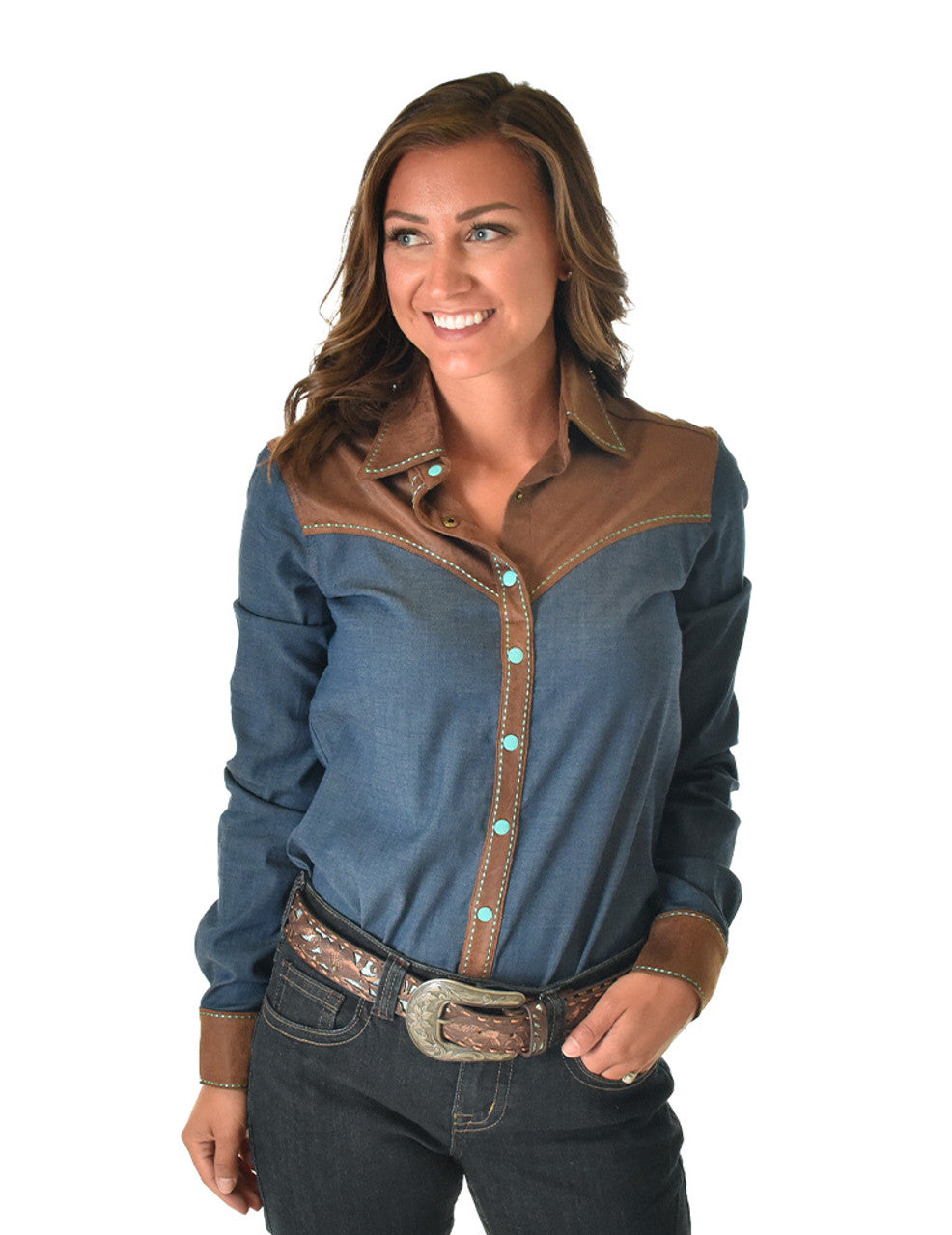 Cowgirl Tuff Pullover Arena Shirt - Brown Faux Leather & Denim