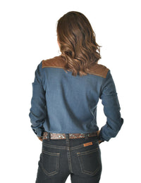 Cowgirl Tuff Pullover Arena Shirt - Brown Faux Leather & Denim