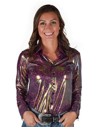 Cowgirl Tuff Pullover Arena Shirt - Hot Pink Foil Leopard Print