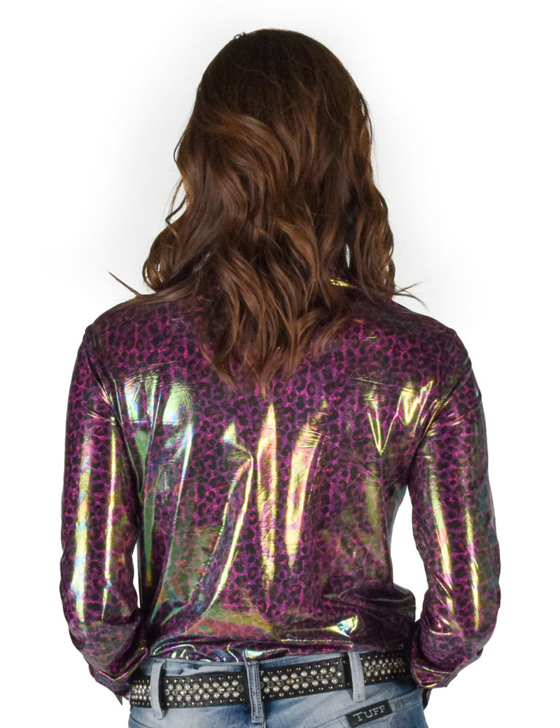 Cowgirl Tuff Pullover Arena Shirt - Hot Pink Foil Leopard Print