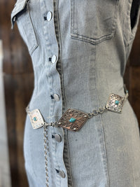 Western Chain Belt - Antique Silver With Turquoise Stones