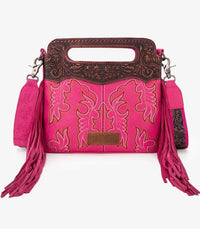 Wrangler Top Handle Embroidered Fringe Mini Crossbody - Hot Pink