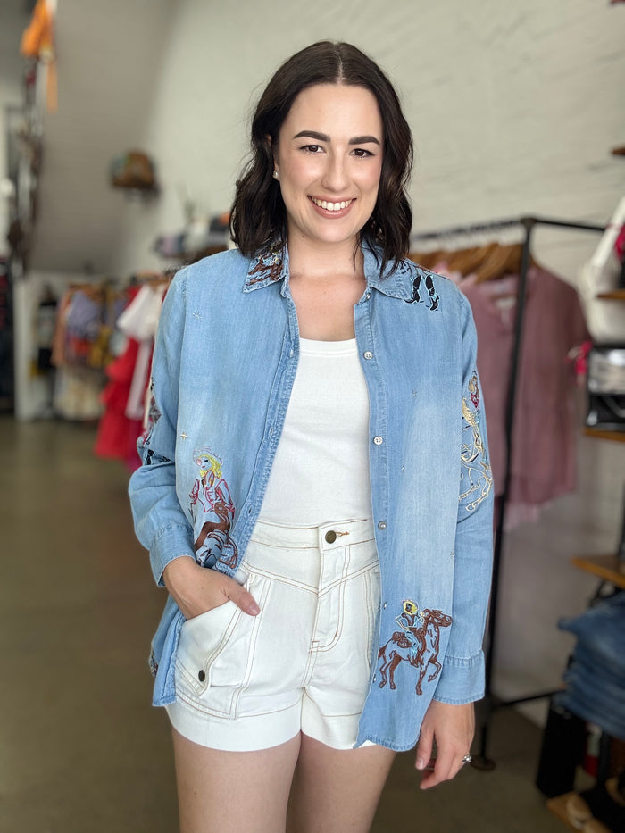 Dolly Top - Denim Embroidered