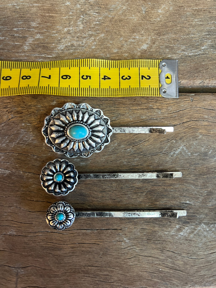 Western Hair Piece - Silver and Turquoise Concho Hair Pin (Set of 3)