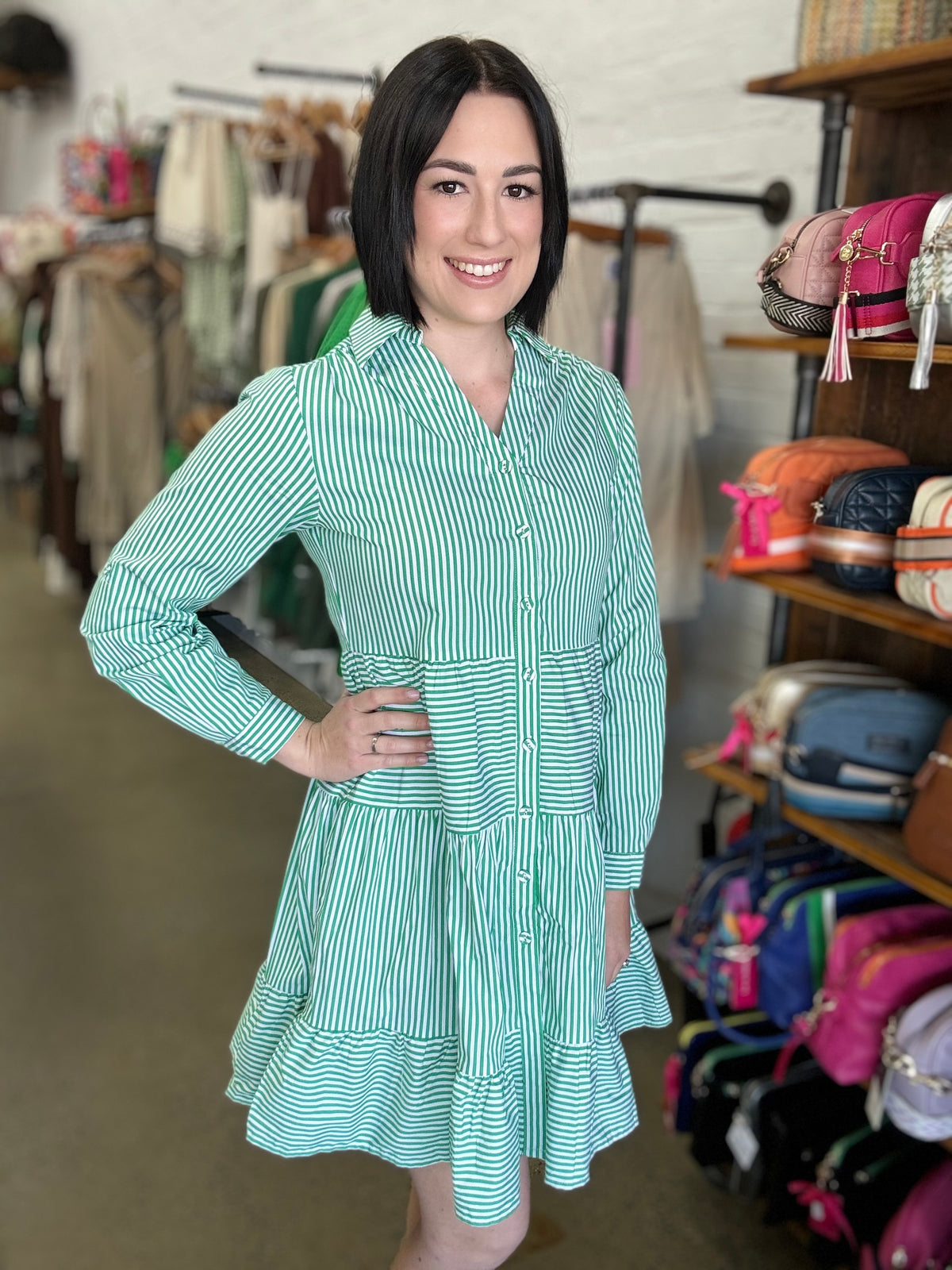 Lottie Dress - Stripe Green