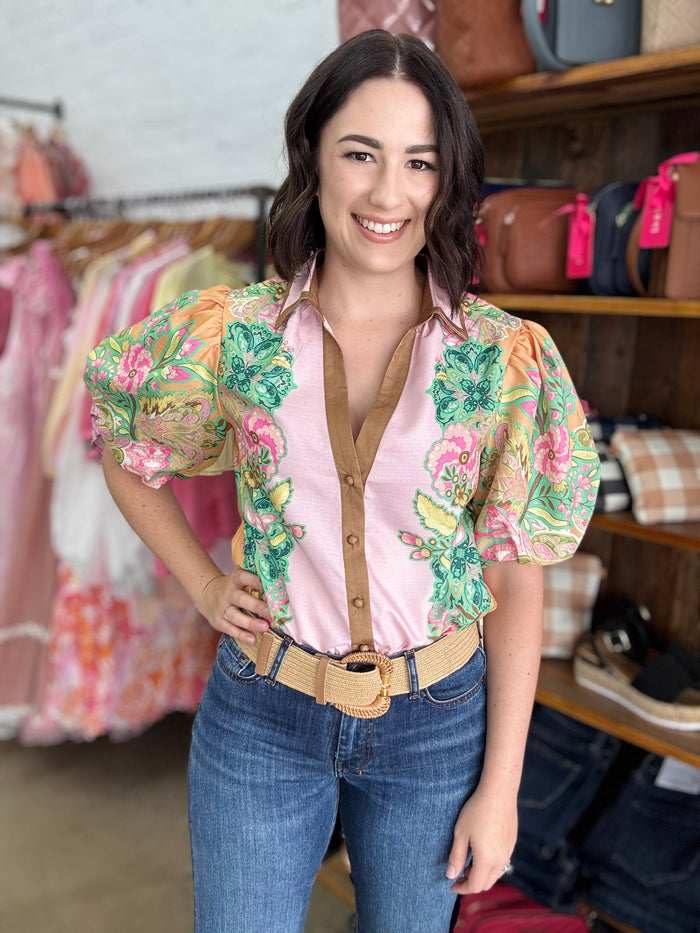 Gia Top - Pink & Mustard Floral