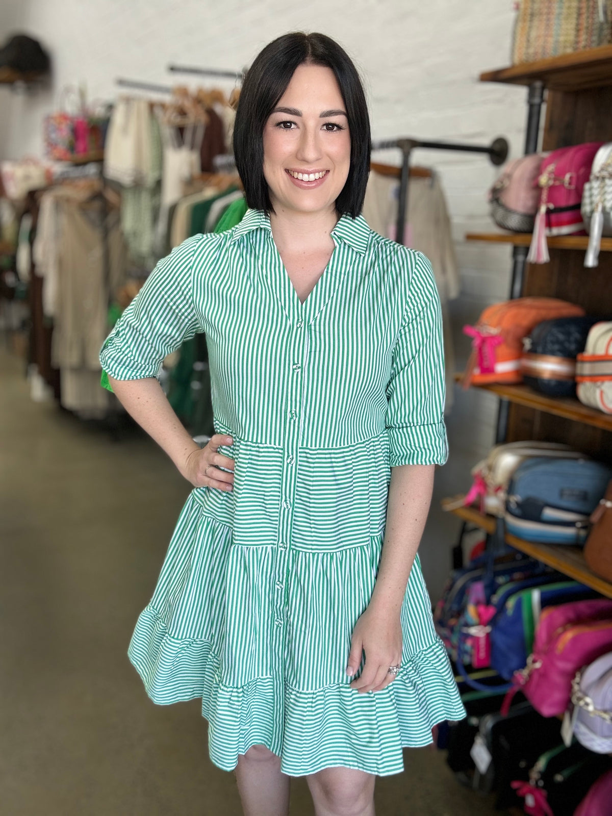 Lottie Dress - Stripe Green