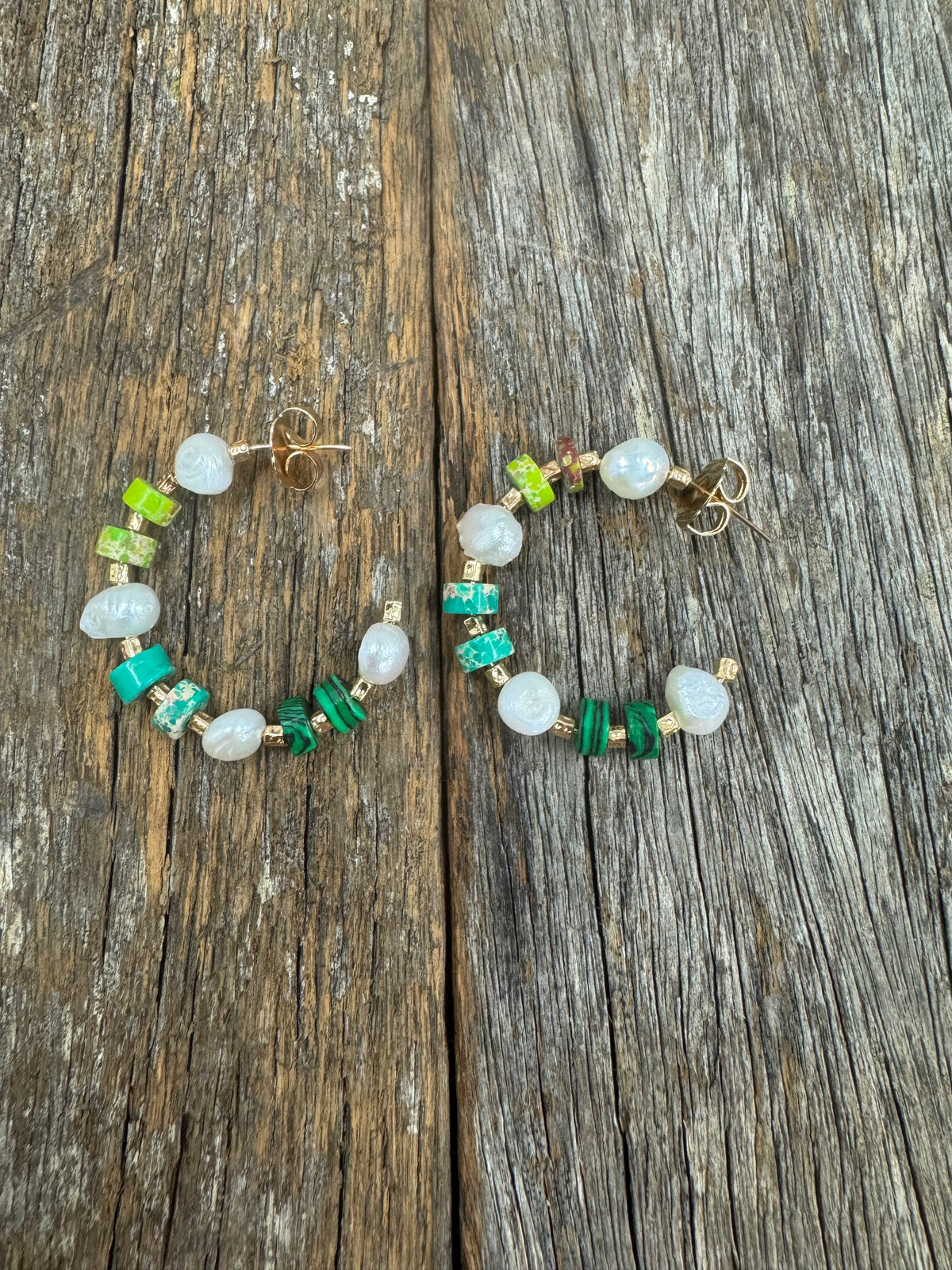 Earrings - Green Stone & Pearl Mix