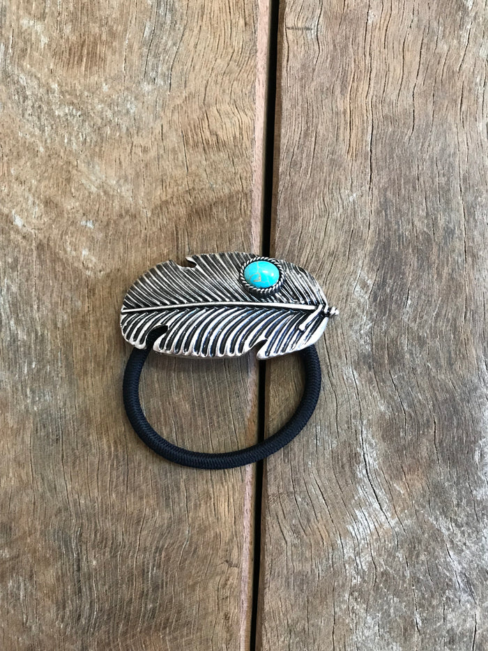 Western Hair Piece - Silver and Turquoise Feather Hairband