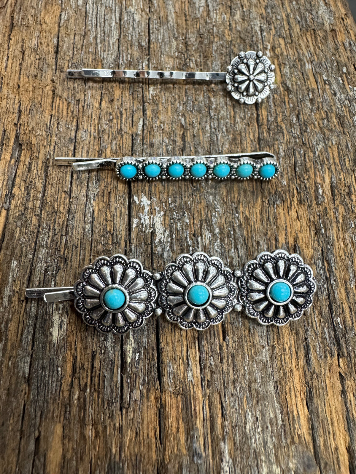 Western Hair Piece - Silver and Turquoise Hair Pin (Set of 3)