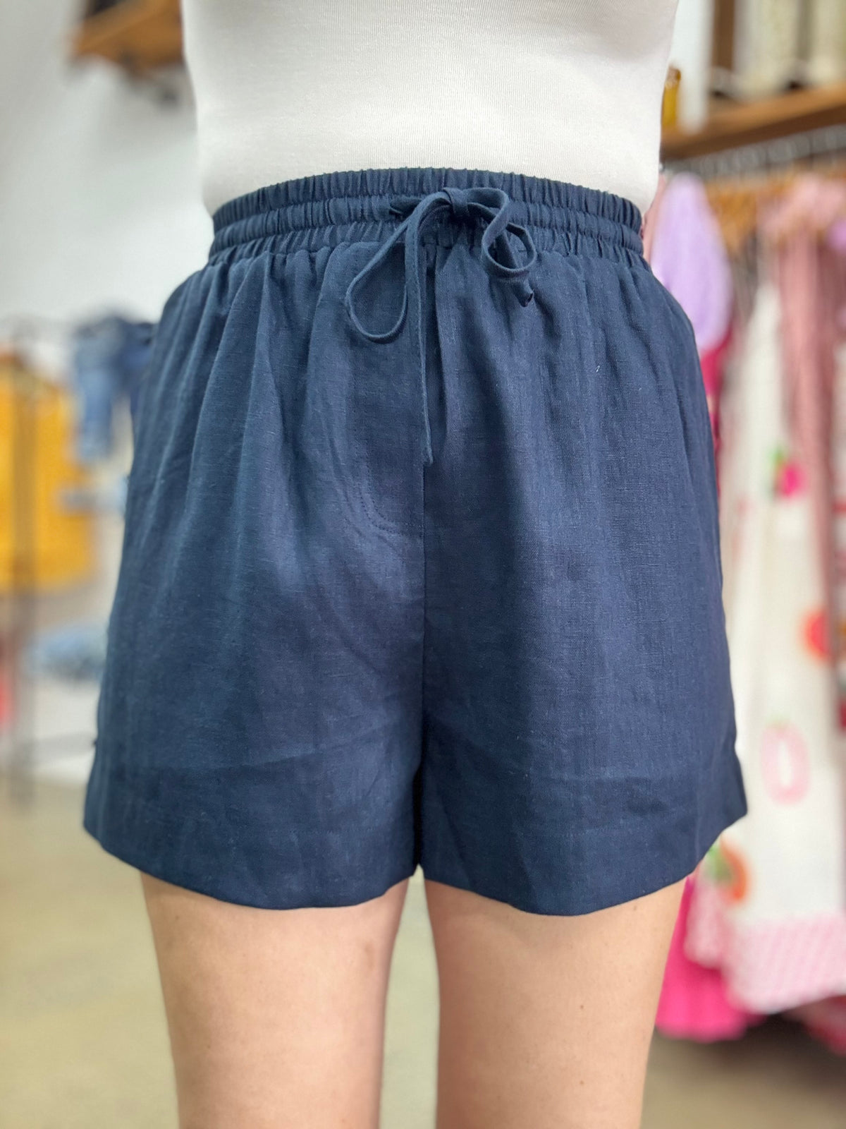 Ella High Waisted Linen Short - Navy