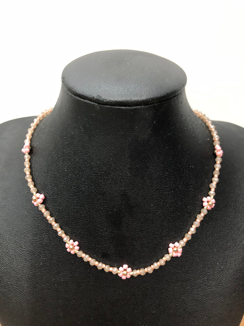 Gold & Pink Beaded Flower - Necklace