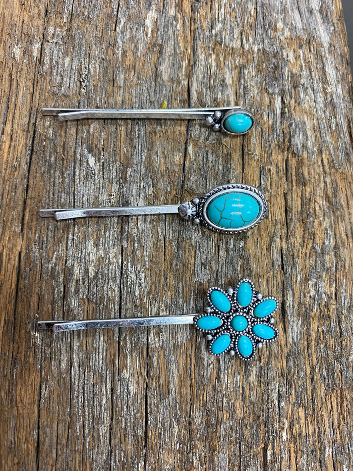 Western Hair Piece - Silver and Turquoise Hair Pin (Set of 3)