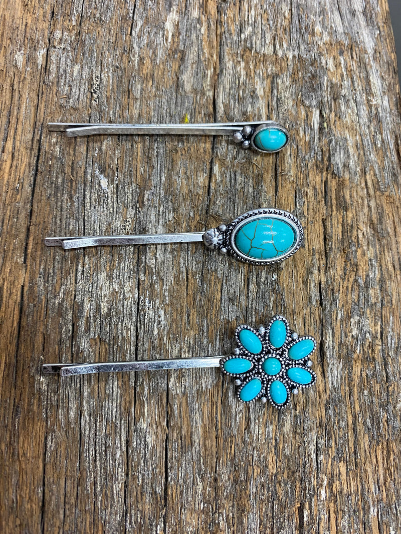 Western Hair Piece - Silver and Turquoise Hair Pin (Set of 3)