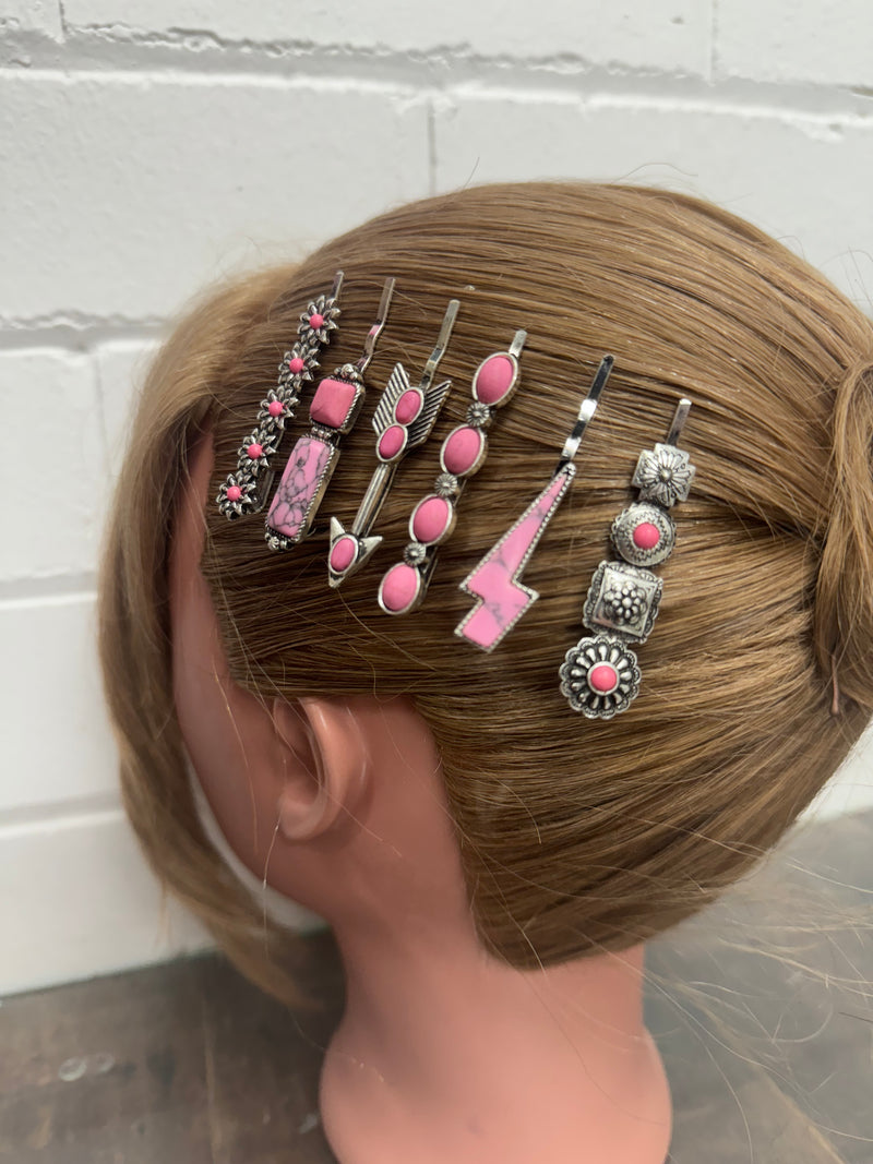 Western Hair Piece - Silver and Pastel Pink Stone Hair Pin (Set of 6)