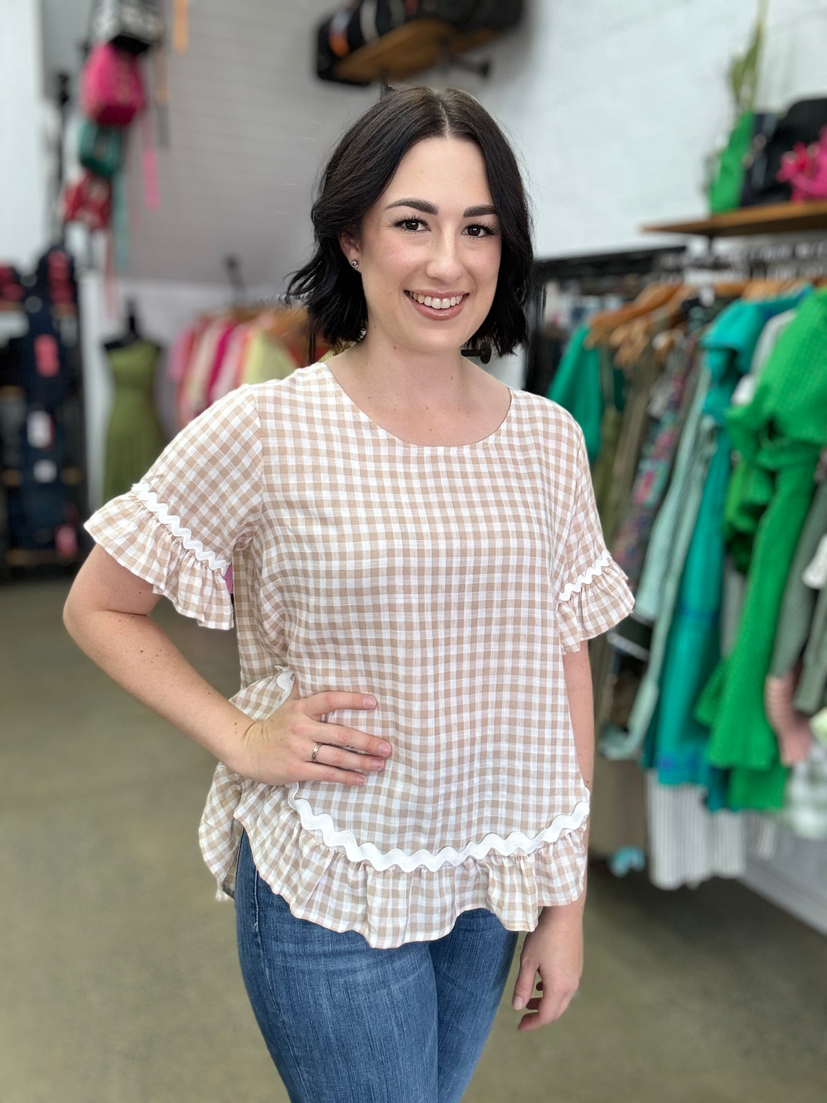 Tara Top - Beige Gingham