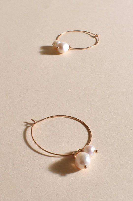 Earrings - Gold Hoop Double  Pearl