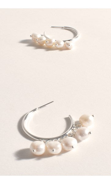 Earrings - Silver Pearl Dangles Mini Hoops