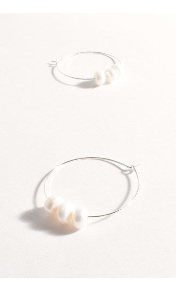 Earrings - Silver Trio Pearl Fine Wire Hoops