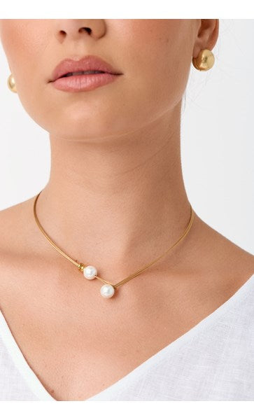 Necklace - Fine Metallic Cord Faux Pearl