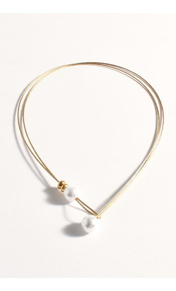 Necklace - Fine Metallic Cord Faux Pearl