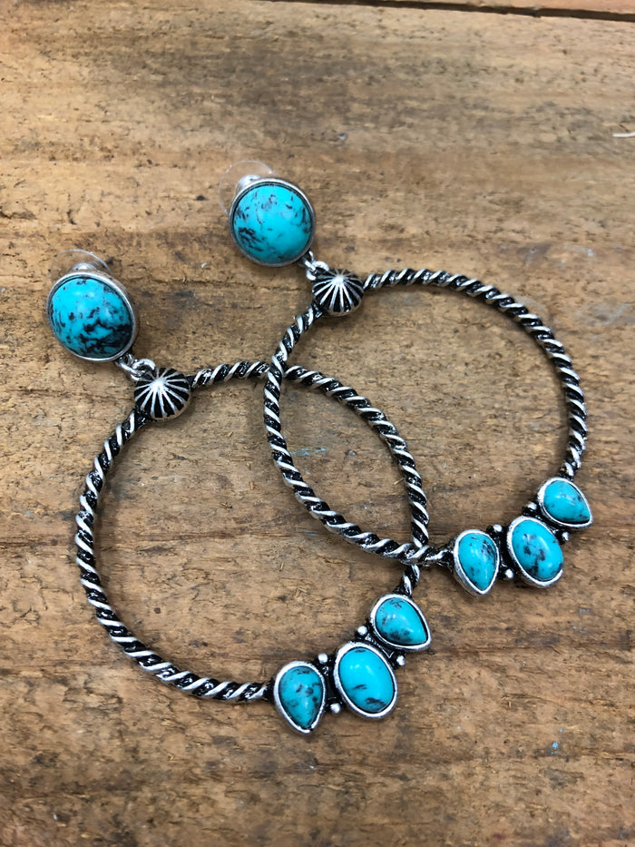 Western Earrings - Turquoise Studded Rope Hoop