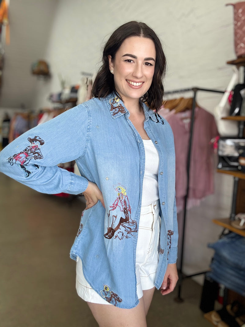 Dolly Top - Denim Embroidered