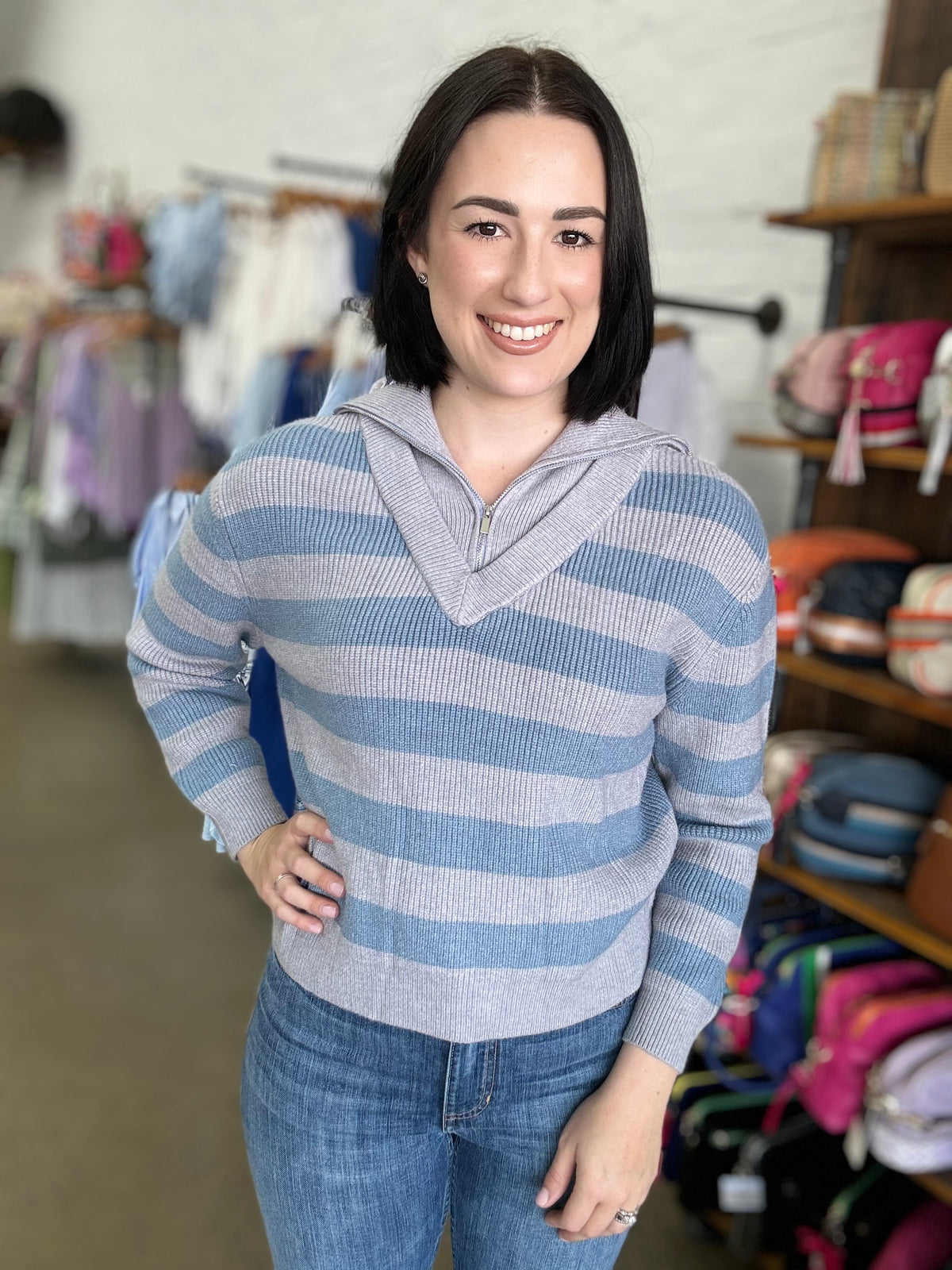 Demi Knit - Blue and Grey Stripe