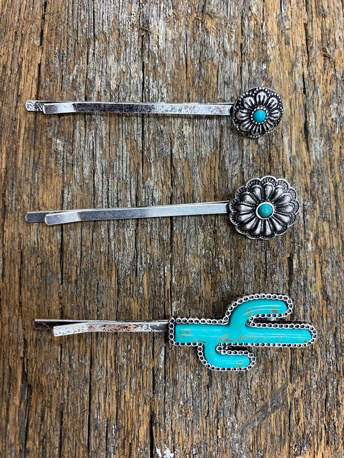 Western Hair Piece - Silver and Turquoise Hair Pin (Set of 3)