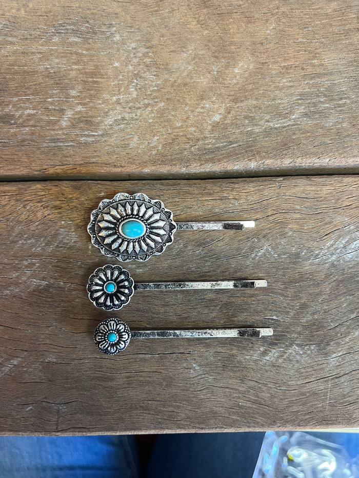 Western Hair Piece - Silver and Turquoise Concho Hair Pin (Set of 3)