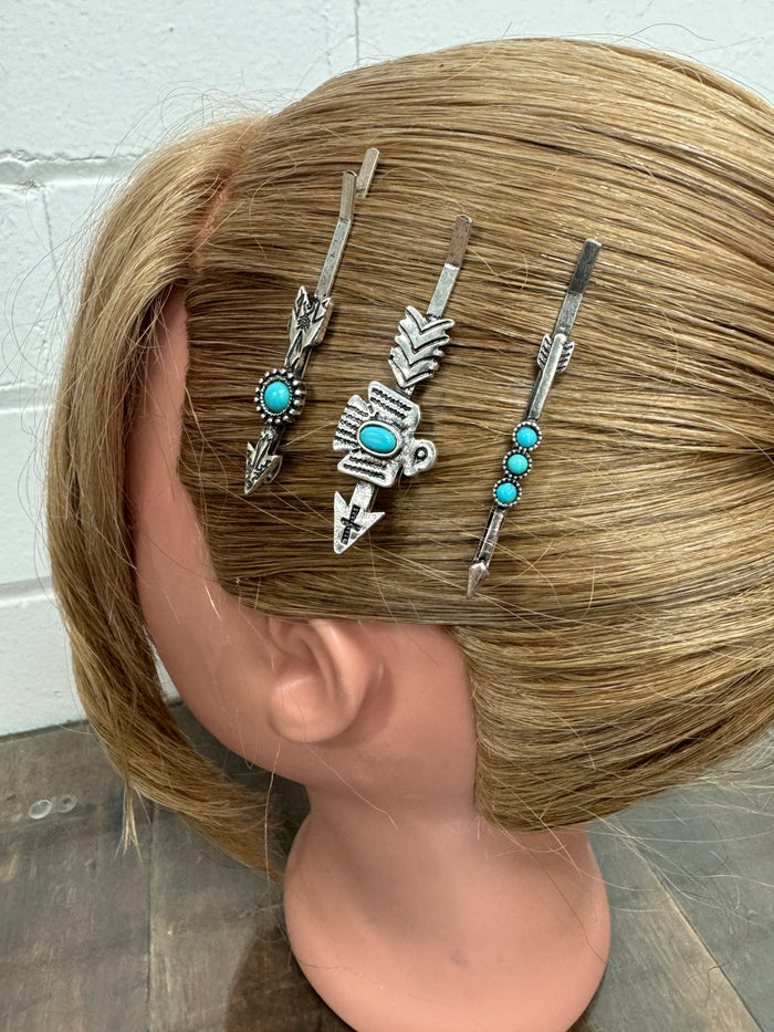 Western Hair Piece - Silver and Turquoise Hair Pin (Set of 3)