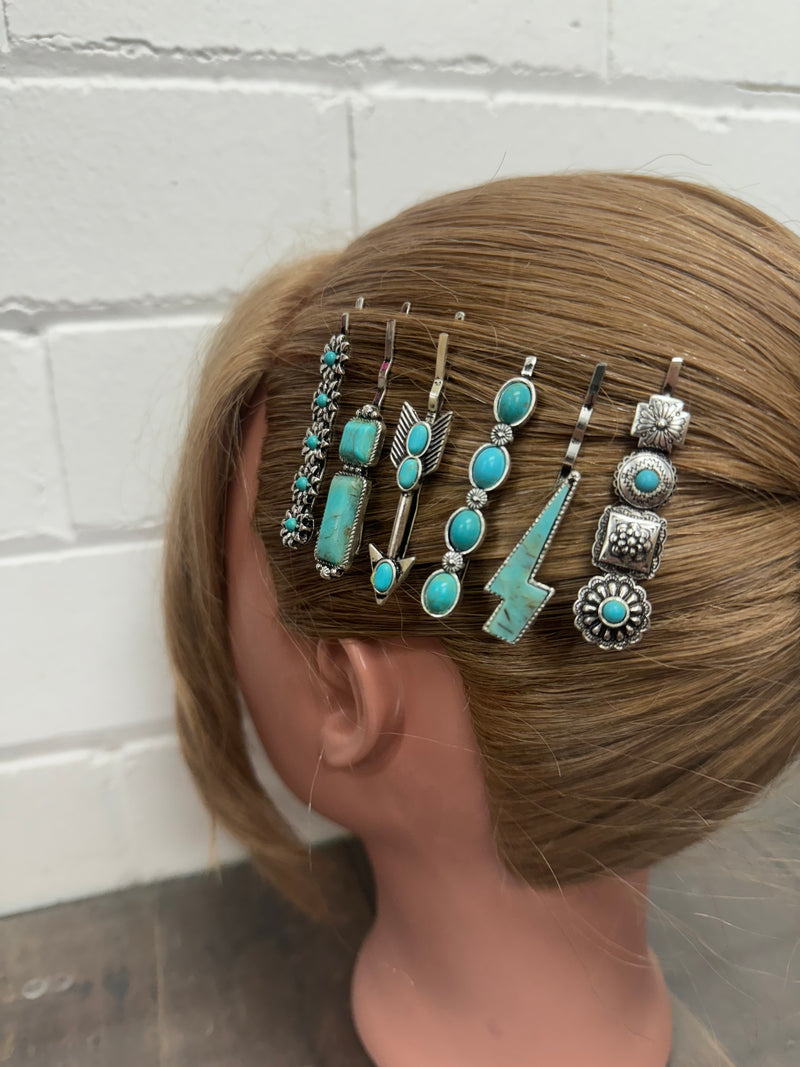 Western Hair Piece - Silver and Turquoise Stone Hair Pin (Set of 6)