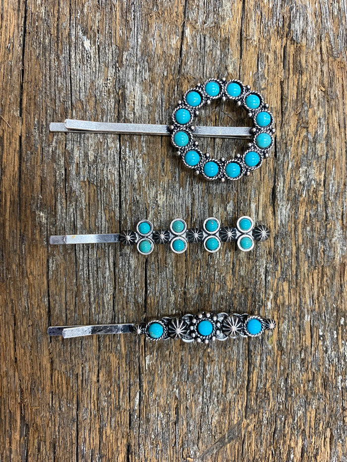 Western Hair Piece - Silver and Turquoise Hair Pin (Set of 3)