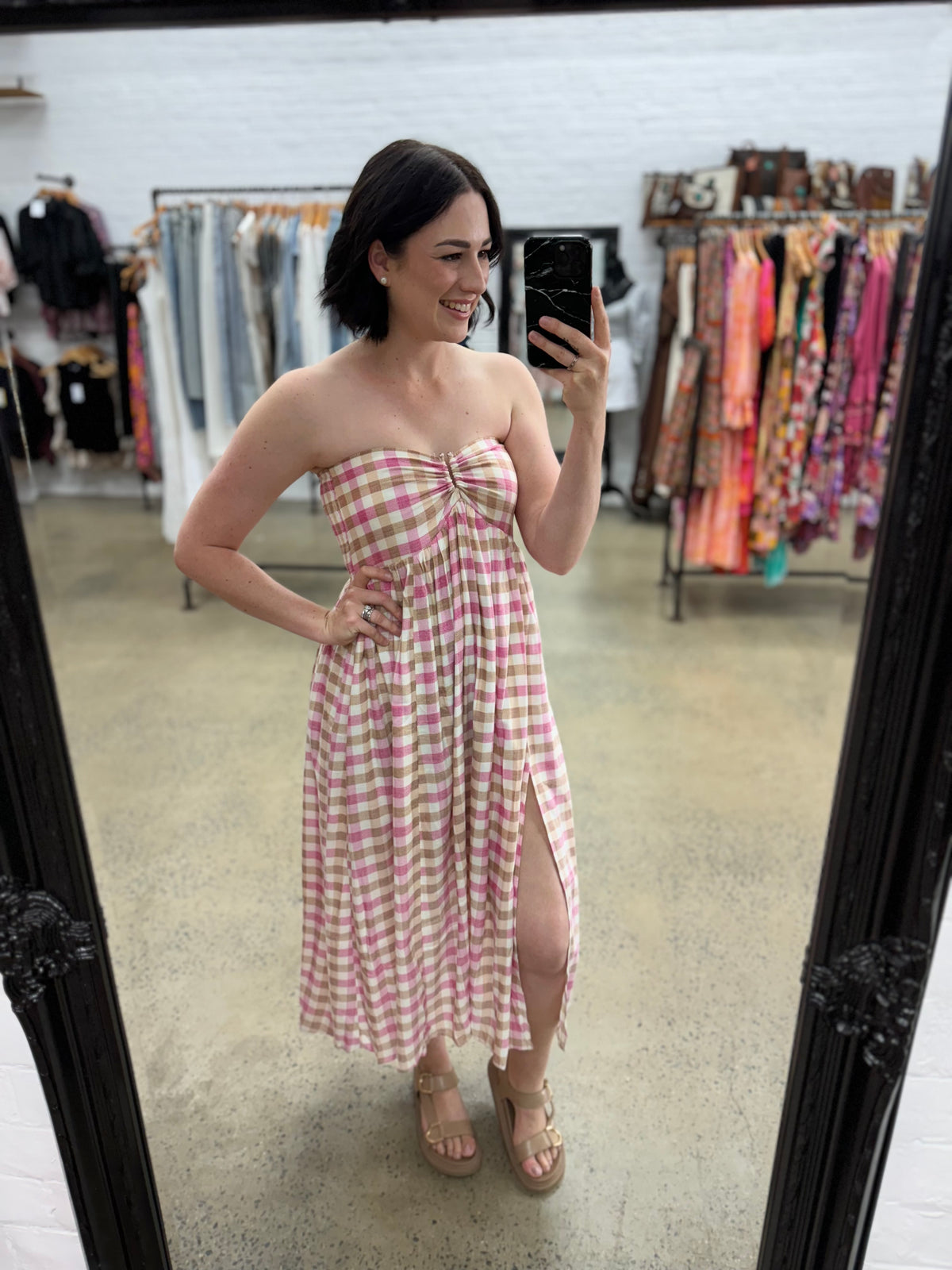 Macy Dress - Pink & Beige Gingham