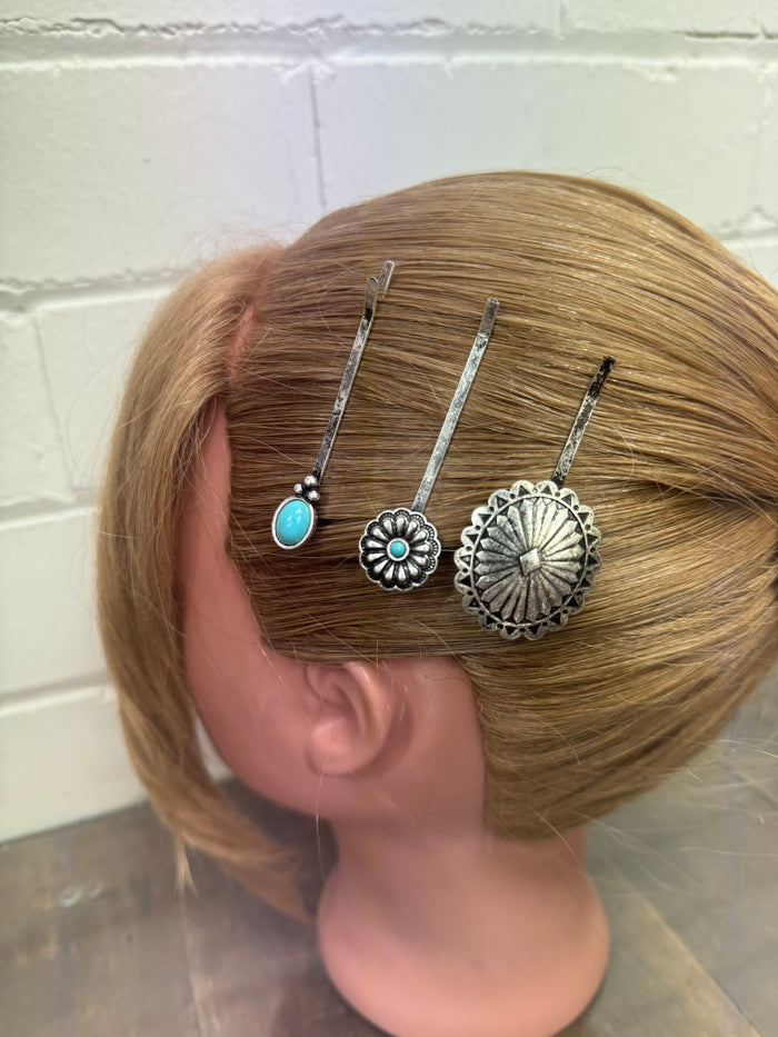 Western Hair Piece - Silver and Turquoise Hair Pin (Set of 3)