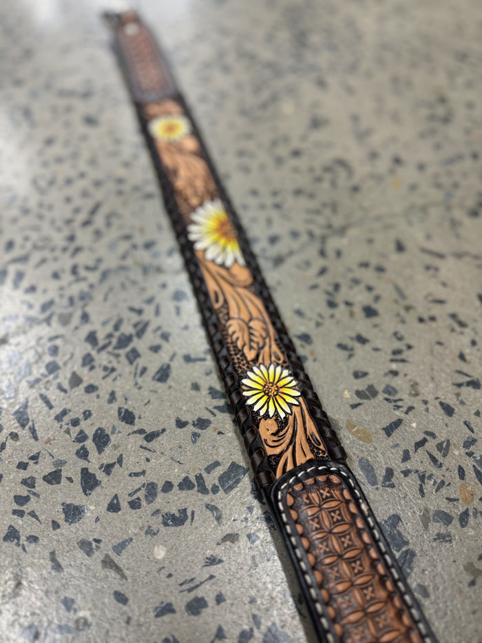 Daisy Flower Carved Leather Handbag Strap - Short