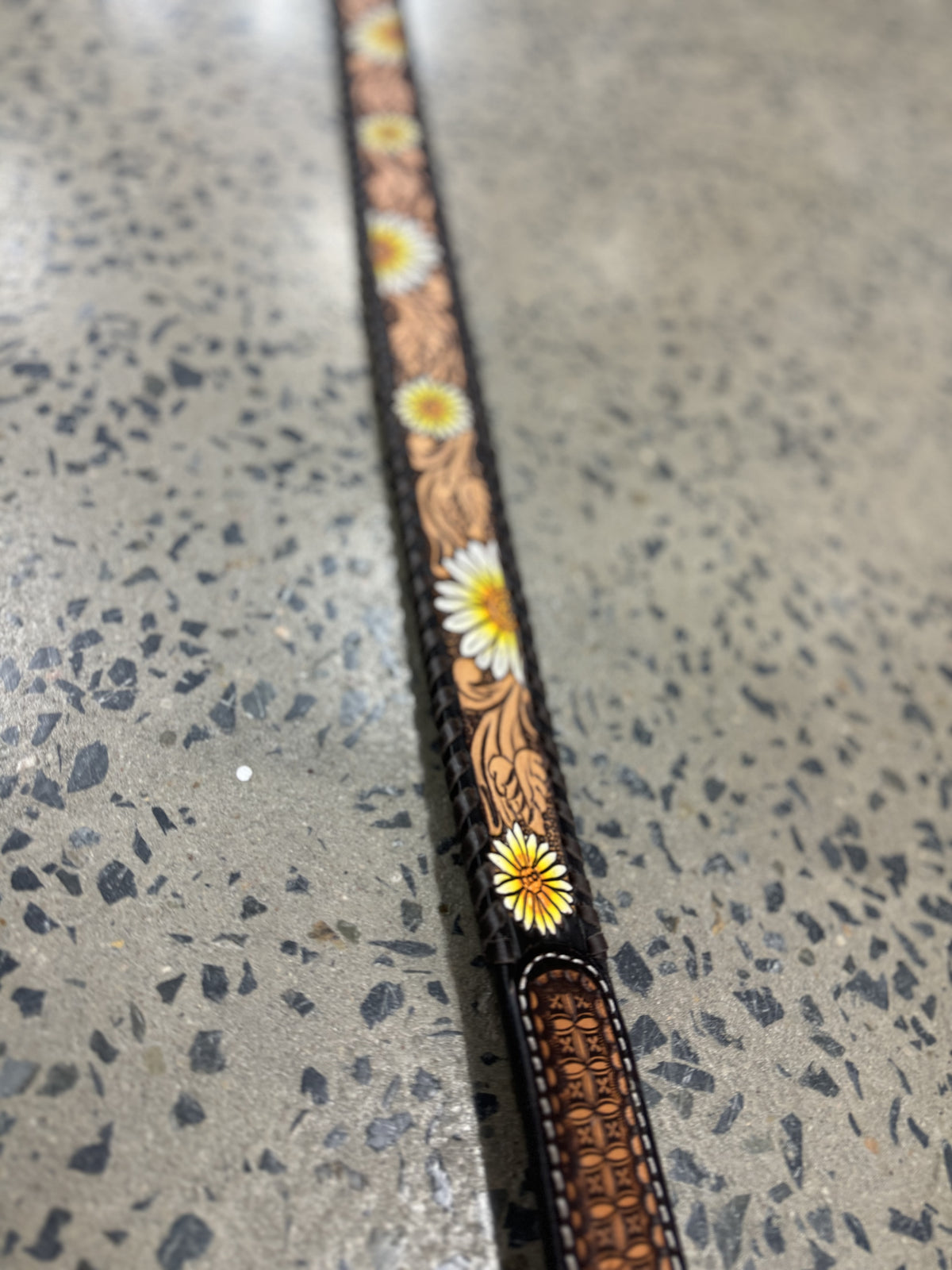 Daisy Flower Carved Leather Handbag Strap - Long