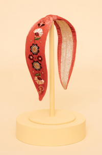 Embroidered Narrow Headband - Floral Tangerine