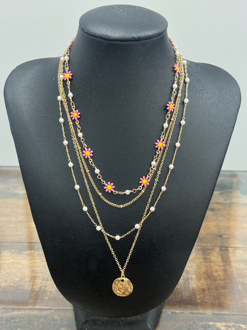 Gold Multi Pink Daisy and Pearl - Necklace