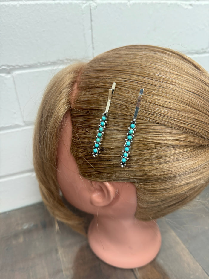 Western Hair Piece - Silver and Turquoise Hair Pin (Set of 2)