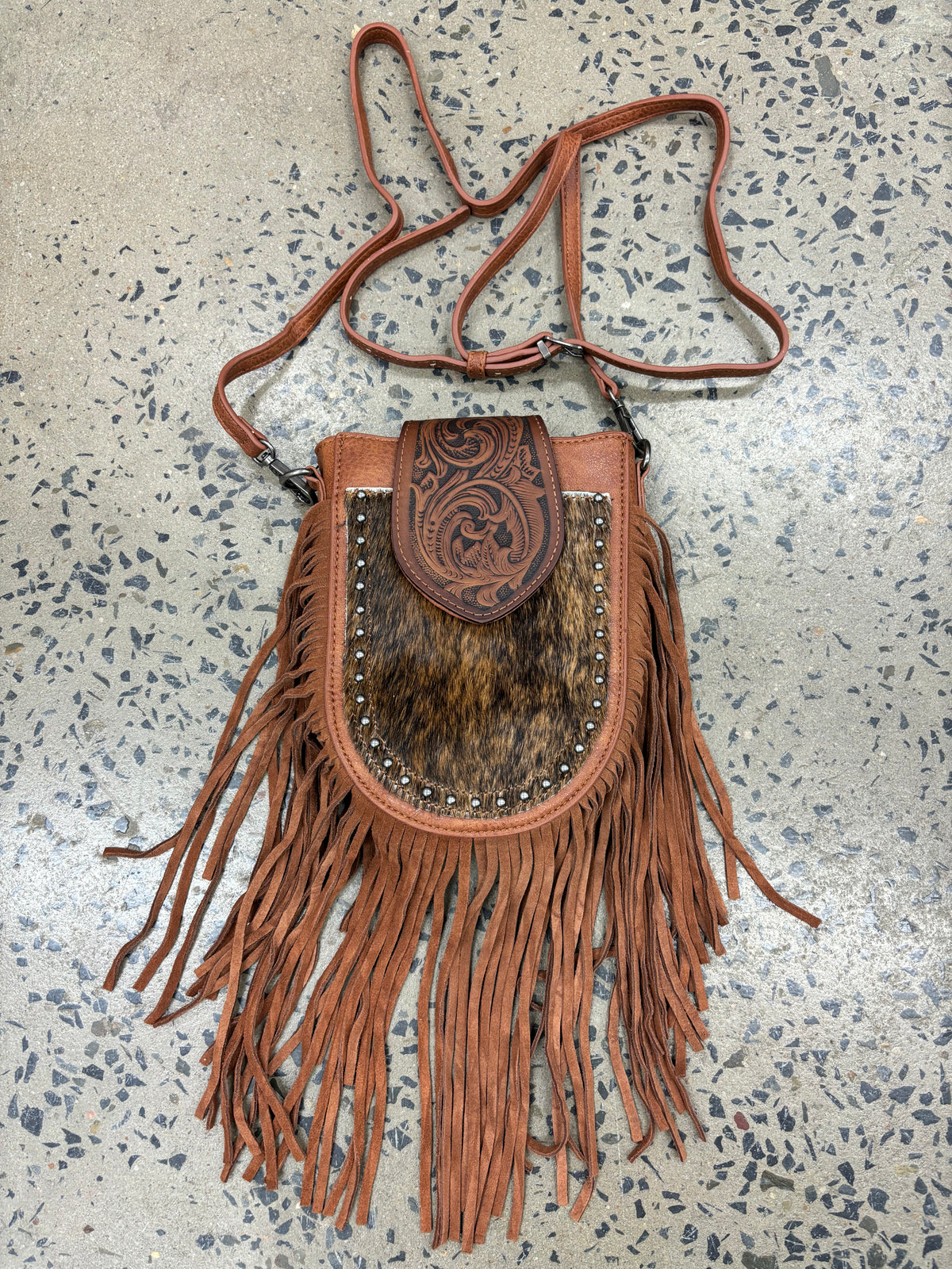 Trinity - Cowhide Tooled Fringe Crossbody Bag Brown