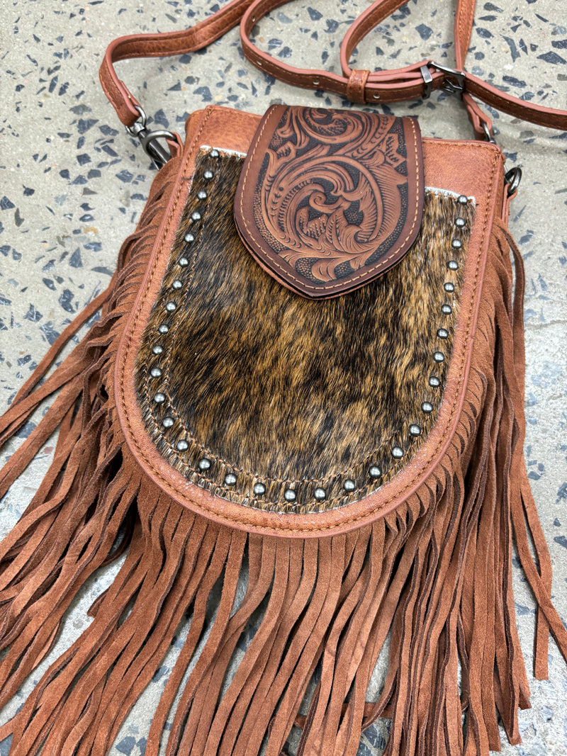 Trinity - Cowhide Tooled Fringe Crossbody Bag Brown