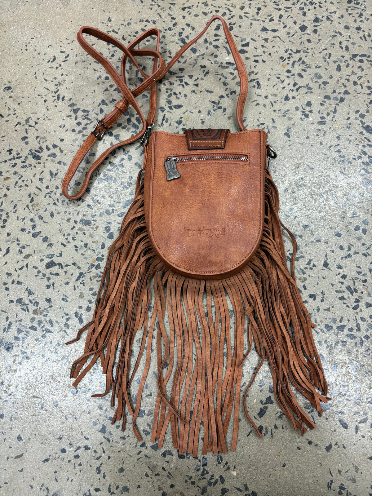 Trinity - Cowhide Tooled Fringe Crossbody Bag Brown