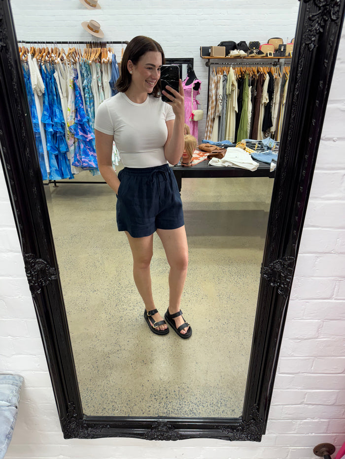 Ella High Waisted Linen Short - Navy