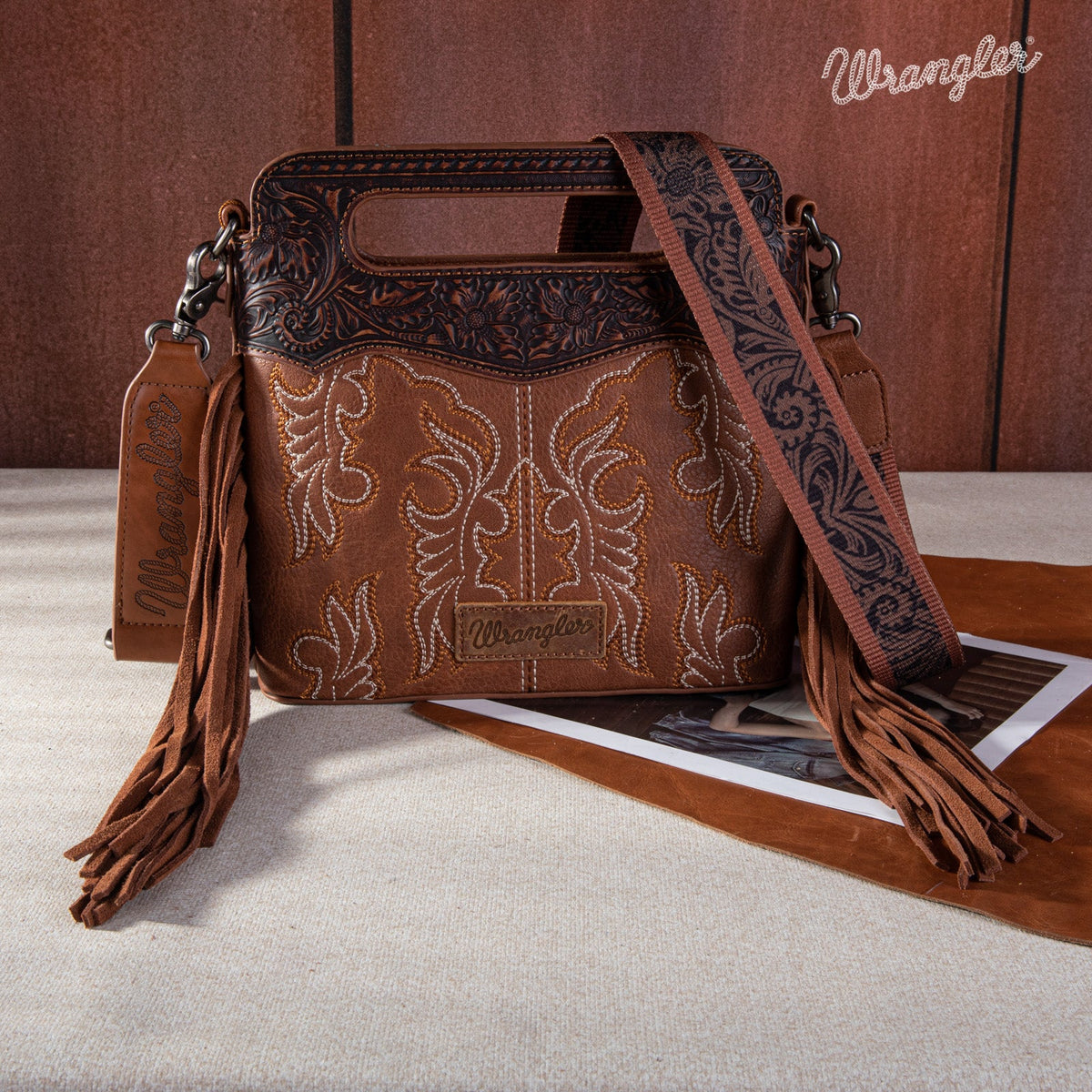 Wrangler Top Handle Embroidered Fringe Mini Crossbody - Brown