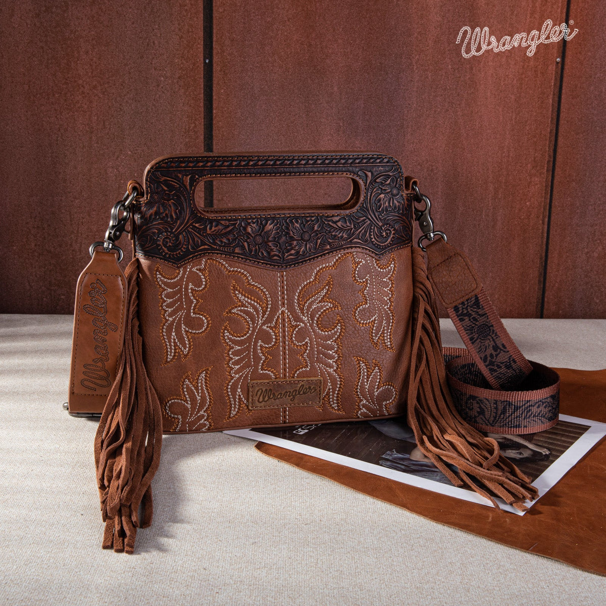 Wrangler Top Handle Embroidered Fringe Mini Crossbody - Brown