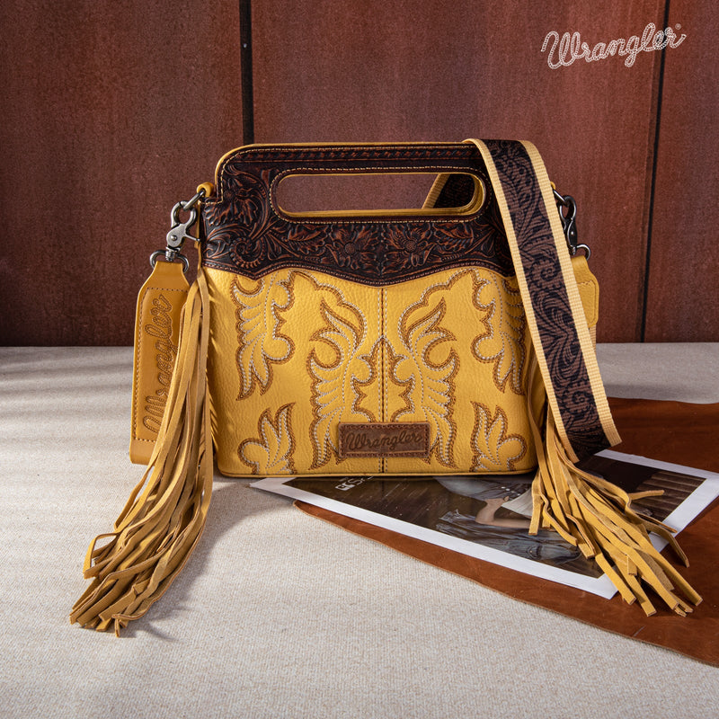 Wrangler Top Handle Embroidered Fringe Mini Crossbody - Mustard