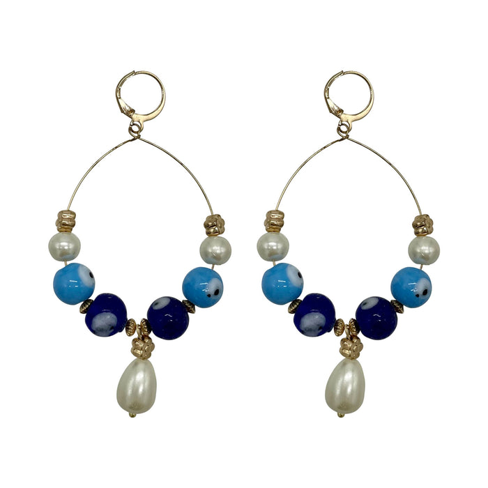 Earrings - Blue and Gold Flower with Pearl Tear Drop